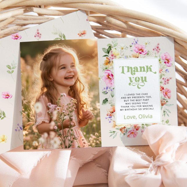 Little wildflower birthday party photo thank you invitation (Creator Uploaded)