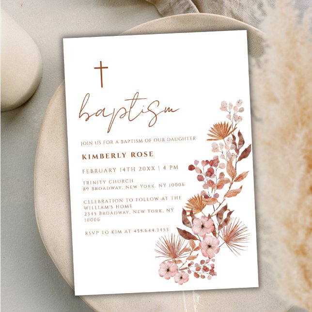 Little Wildflower Boho Terracotta Baptism  Invitation (Little Wildflower Boho Terracotta Baptism Invitation)