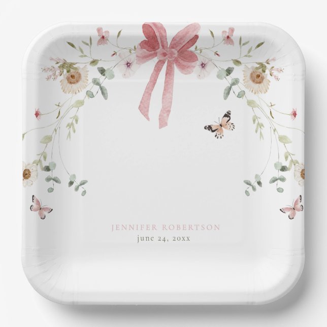 Little Wildflower Butterfly Girl Baby Shower Paper Plate (Front)