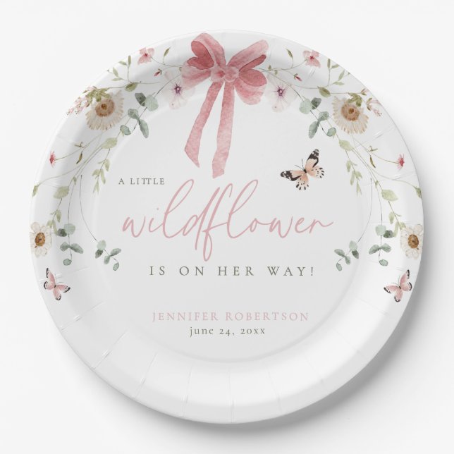 Little Wildflower Butterfly Girl Baby Shower Paper Plate (Front)