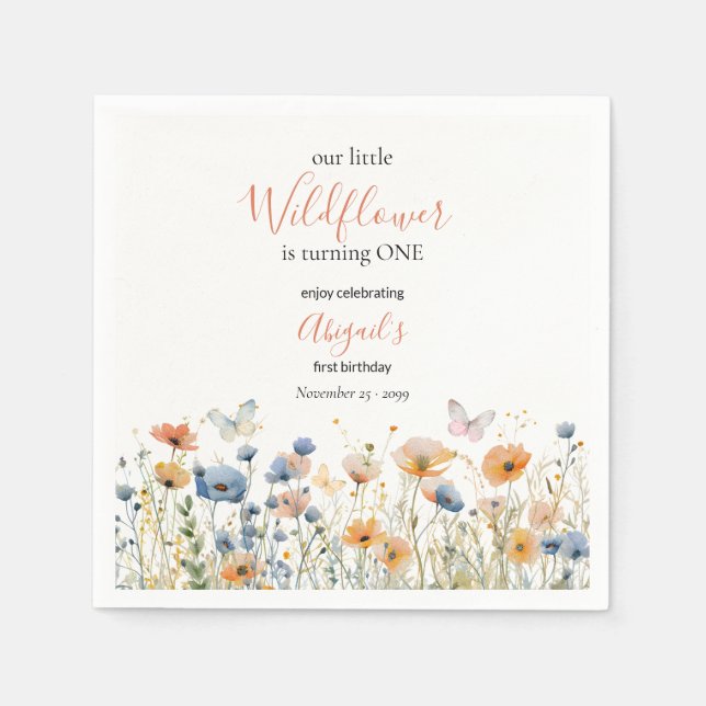 Little Wildflower Butterfly Meadow 1st Birthday Napkin (Front)
