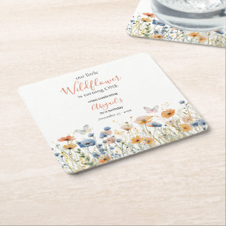 Little Wildflower Butterfly Meadow 1st Birthday Square Paper Coaster