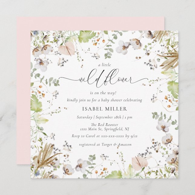 Little Wildflower Calligraphy Baby Shower Invitation (Front/Back)