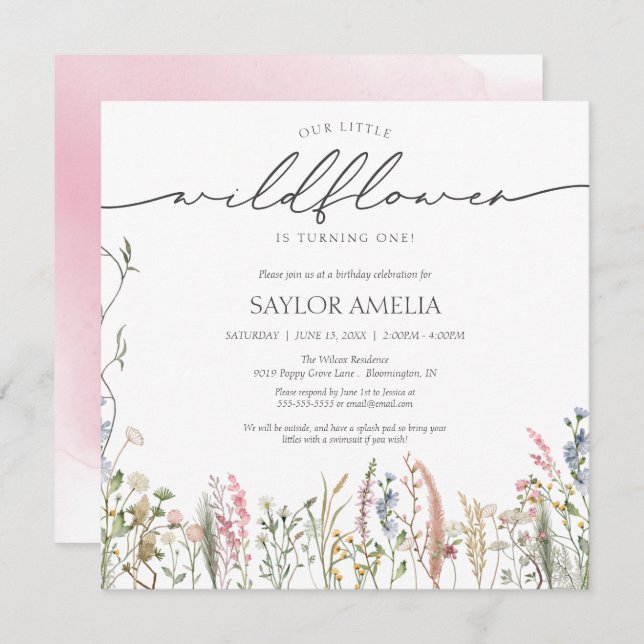 Little Wildflower Delicate Floral First Birthday Invitation (Front/Back)