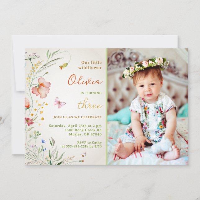 Little Wildflower Floral Baby Girl Birthday Photo Invitation (Front)