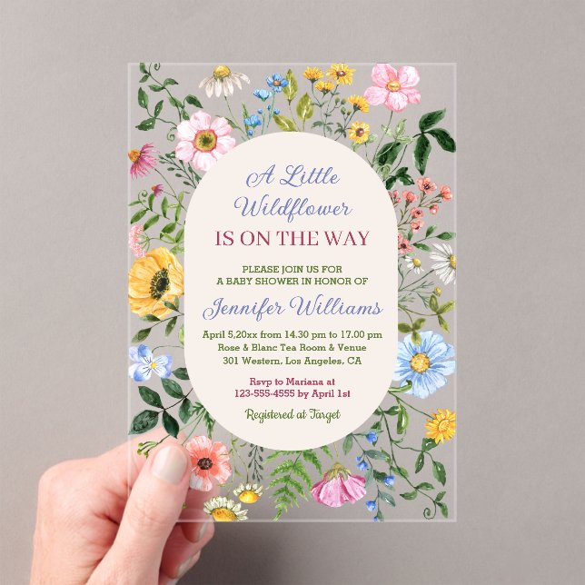 little wildflower, floral colourful baby shower acrylic invitations (Insitu (Handheld))