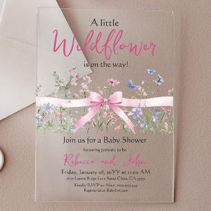 Little Wildflower Floral Girl Pink Bow Baby Shower Acrylic Invitations