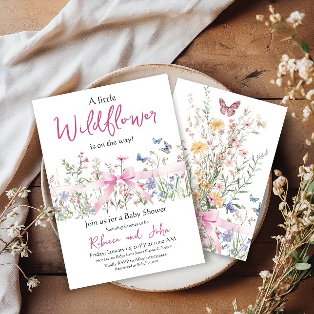 Little Wildflower Floral Girl Pink Bow Baby Shower Invitation (Creator Uploaded)