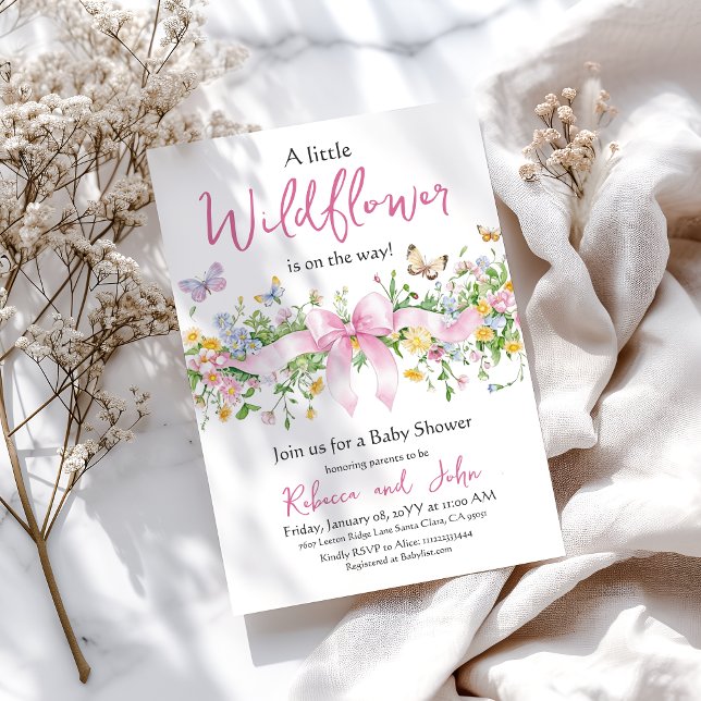 Little Wildflower Floral Pink Bow Girl Baby Shower Invitation (Creator Uploaded)