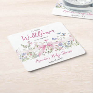 Little Wildflower Floral Pink Bow Girl Baby Shower Square Paper Coaster