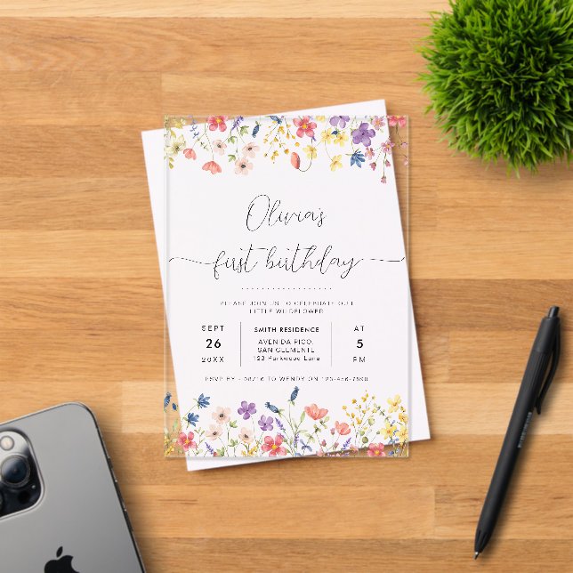 Little Wildflower Floral Wreath Photo 1st Birthday Acrylic Invitations (Insitu (Invitation Card))