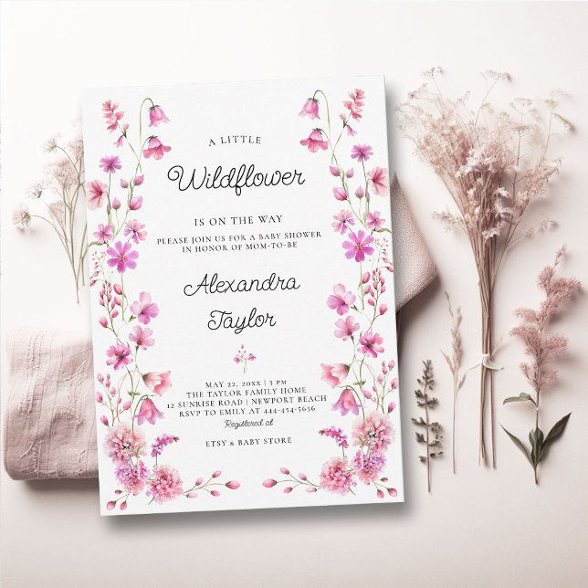 Little Wildflower Garden Hot Pink Baby Girl Shower Invitation (little wildflower baby girl shower invitation cottage garden watercolor pink fuchsia tiny flowers)