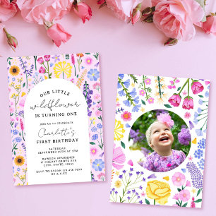 Little Wildflower Girl First Birthday Pink Photo Invitation