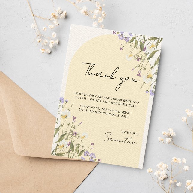 Little Wildflower Girl's 1st Birthday Aesthetic Thank You Card (Little Wildflower Thank you Cards)