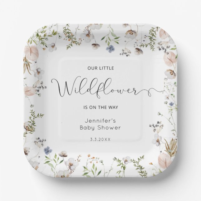 Little wildflower is on the way baby shower paper plate (Front)