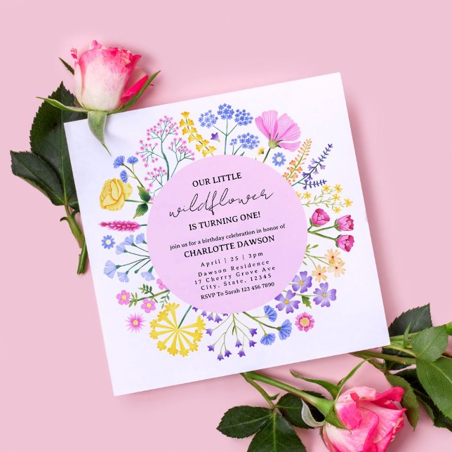 Little Wildflower Is turning One First Birthday Invitation (Dainty Rainbow Wildflowers First Birthday Invitation)