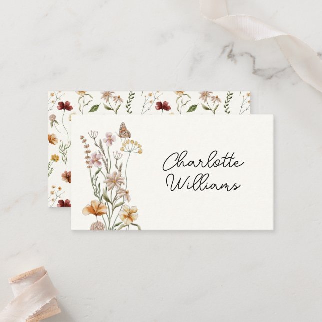 Little Wildflower Ivory Baby Shower Custom Name Place Card (Front/Back In Situ)