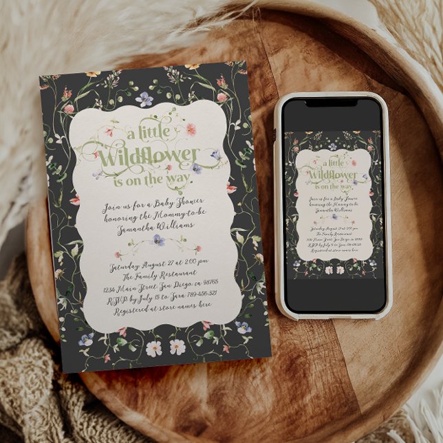 Little Wildflower Modern Dark Floral Baby Shower Invitation (Creator Uploaded)
