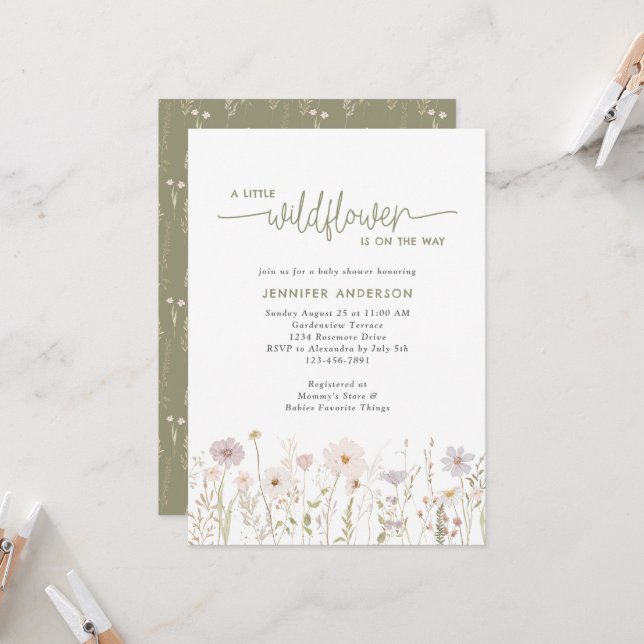 Little Wildflower On The Way Floral Baby Shower  Invitation (Front/Back In Situ)