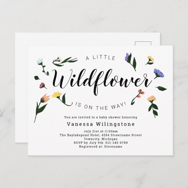 Little Wildflower on the Way Floral Baby Shower Invitation Postcard (Front/Back)
