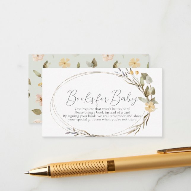 Little Wildflower Oval Baby Shower Book Request Enclosure Card (Front/Back In Situ)