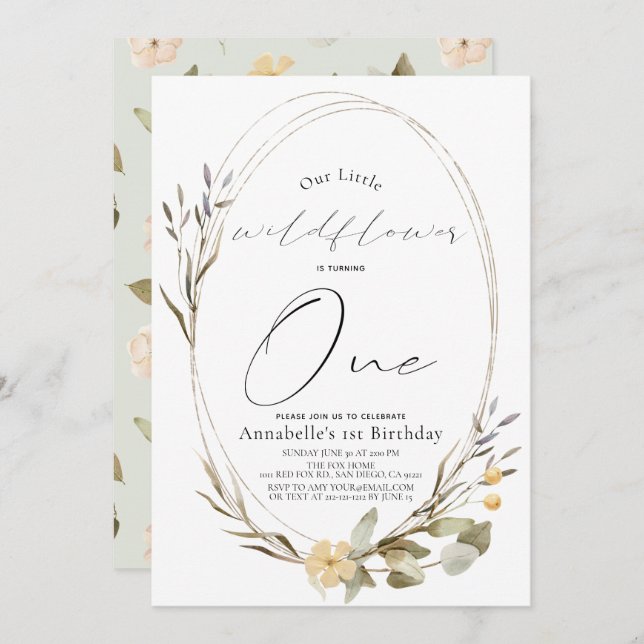 Little Wildflower Oval Girl 1st Birthday Invitation (Front/Back)