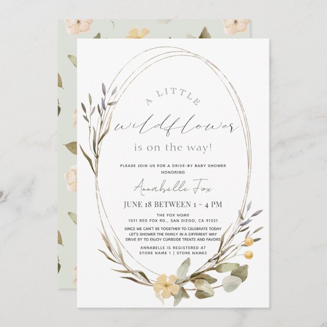 Little Wildflower Oval Girl Drive-by Baby Shower Invitation (Front/Back)