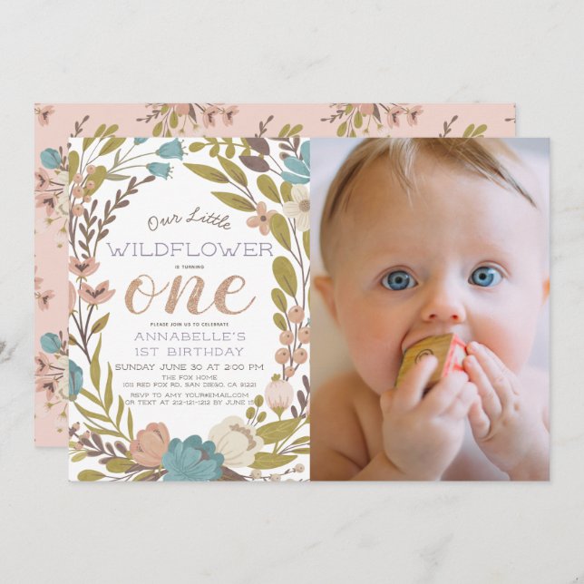 Little Wildflower Photo 1st Birthday Invitation (Front/Back)