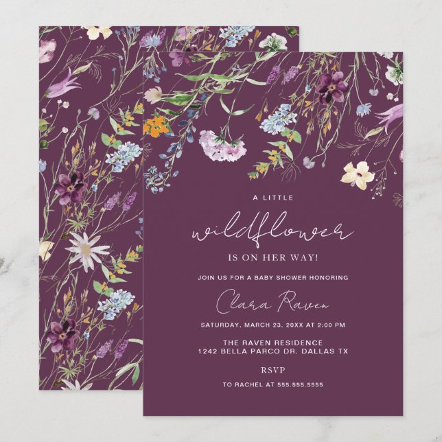 Little Wildflower Plum Purple Floral Baby Shower  Invitation (Front/Back)