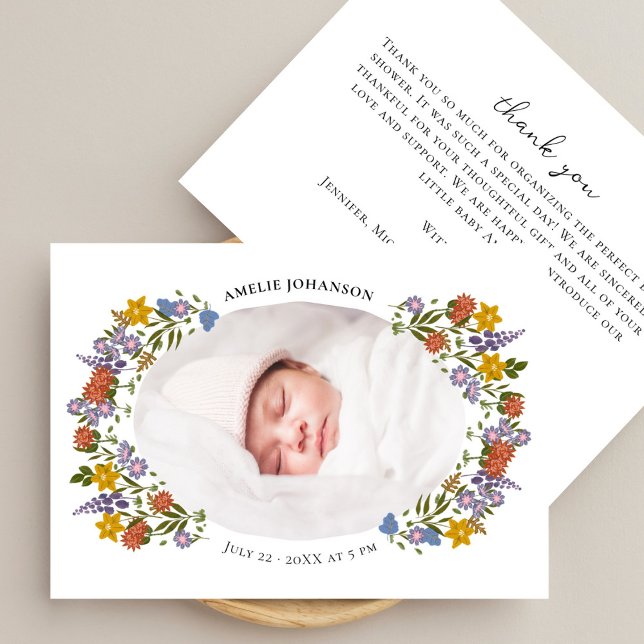 Little Wildflower Rlegant Oval Photo Baby Birth Announcement (Creator Uploaded)
