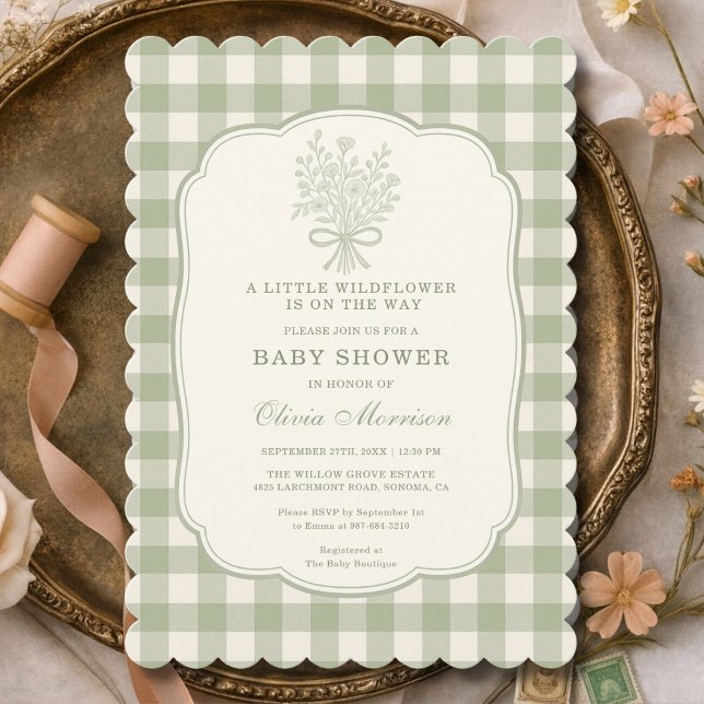 Little Wildflower Sage Green Gingham Baby Shower Invitation (Creator Uploaded)