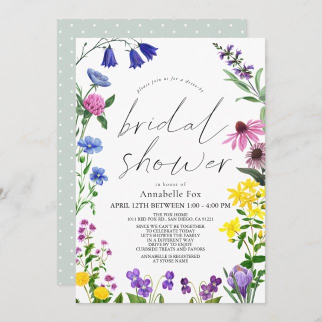 Little Wildflower Script Drive-by Bridal Shower  Invitation (Front/Back)