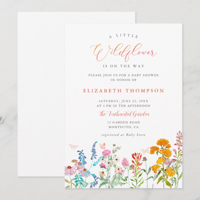 Little Wildflower Teal Orange Girl Baby Shower Invitation (Front/Back)