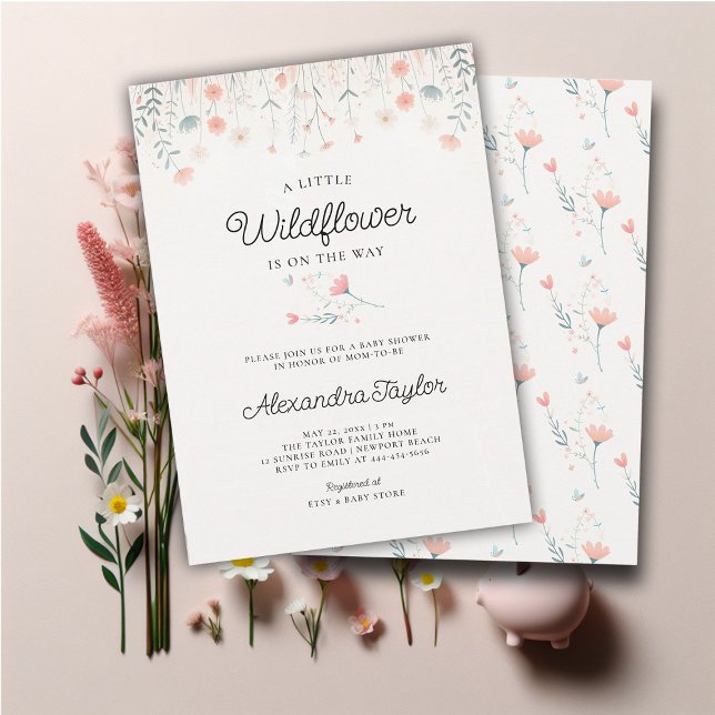 Little Wildflower Tiny Coral Teal Baby Girl Shower Invitation (little wildflower baby girl shower invitation cottage garden watercolor pink teal pastel tiny flower)