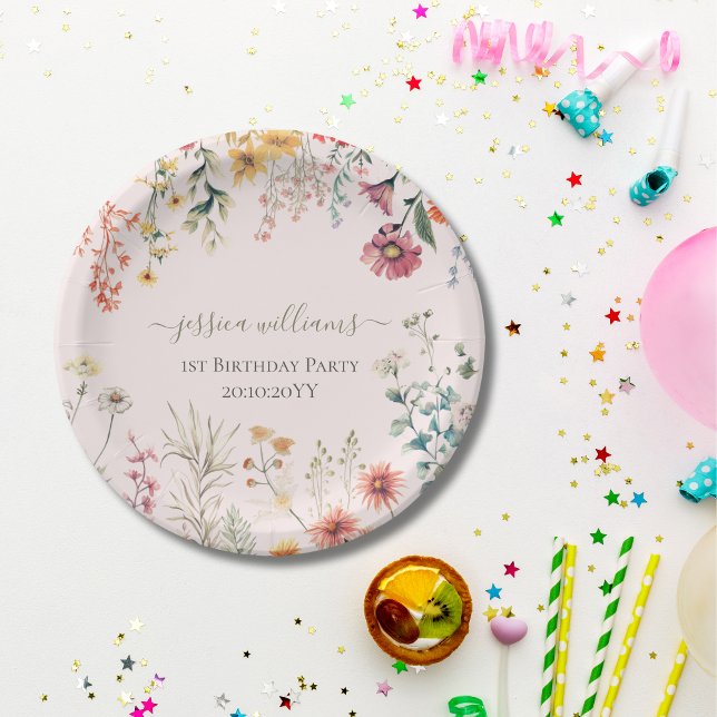 Little Wildflower Turning One Pretty 1st Birthday  Paper Plate (Creator Uploaded)