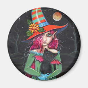 Little Wings Witch and Winged Cat Halloween Art Magnet