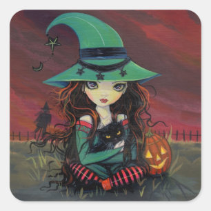 Little Witch and Black Cat Halloween Stickers