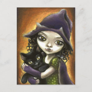 Little witch and black kitten postcard