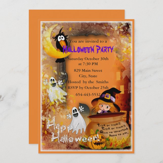 Little Witch And Ghost Party Invitation (Front/Back)