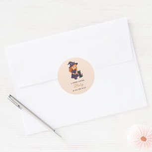 Little Witch & Cat Halloween Girl Baby Shower Classic Round Sticker