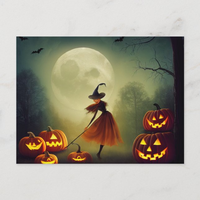 Little witch dances between Halloween pumpkins Postcard (Front)
