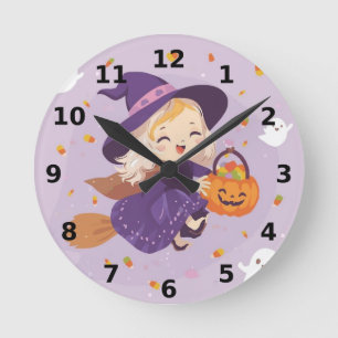 Little Witch Flying Halloween Clock