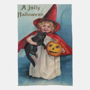 Little Witch Girl With Her Black Cat Tea Towel