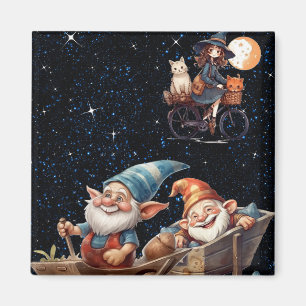 Little Witch & Happy Gnome In Starry Night Magnet