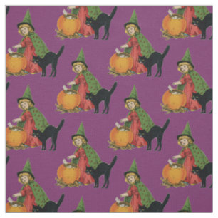 Little Witch Her Black Cat and Pumpkin - Purple Fabric