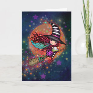 Little Witch on Broom with Her Cat Card