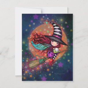 Little Witch on Broom with Her Cat Postcard