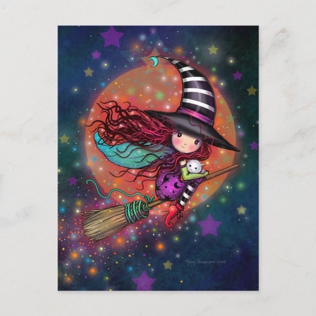 Little Witch on Broom with Her Cat Postcard (Front)