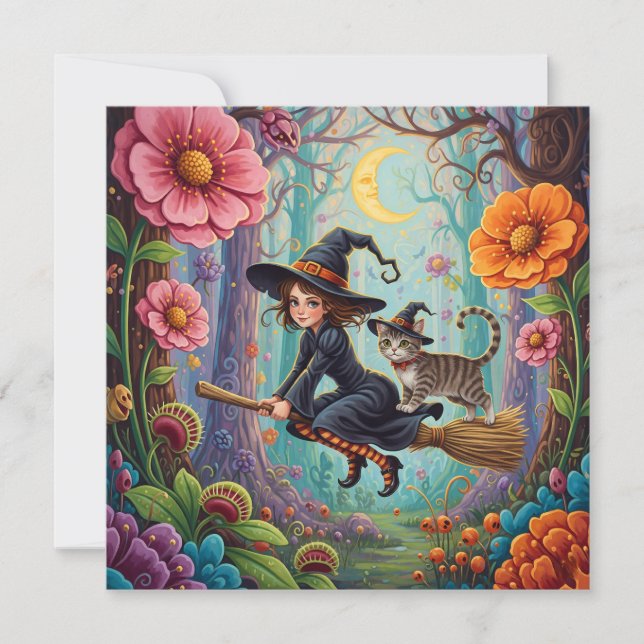 Little Witch on the Broom and Cat Halloween  Holiday Card (Front)