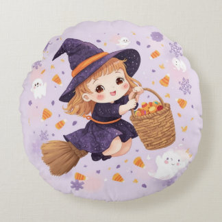  Little Witch with Candy Round Pillow